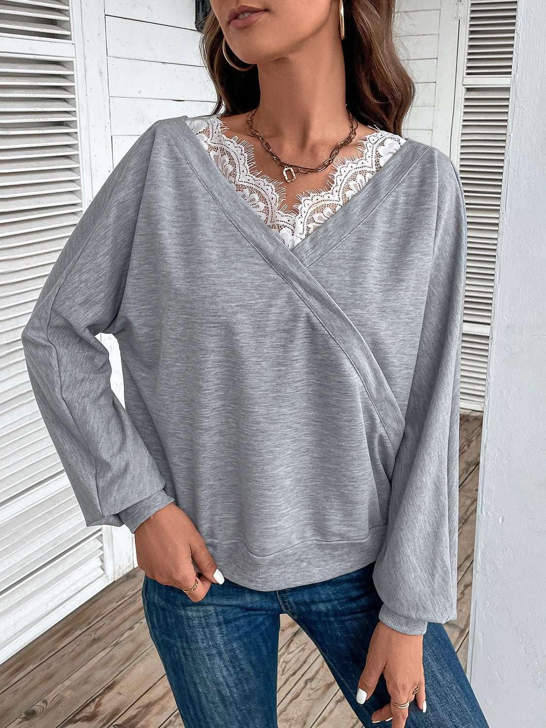 Perfee Lace Detail Long Sleeve Top - VILLA FASHION
